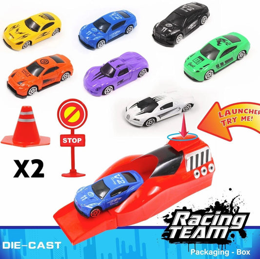 A06488 Racing Team 7-Piece Die-Cast Metal Car Set with Mega Launcher