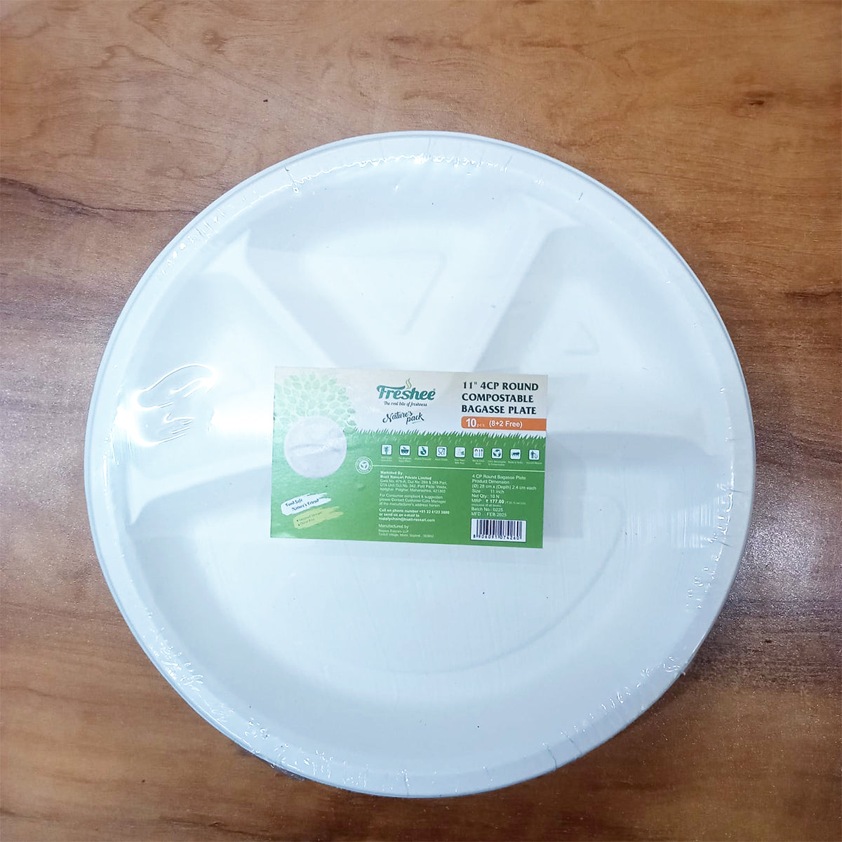 AM5737 Freshee Compostable 4 Compartment Bagasse Round Plate (11 Inch, Pack of 10pc)
