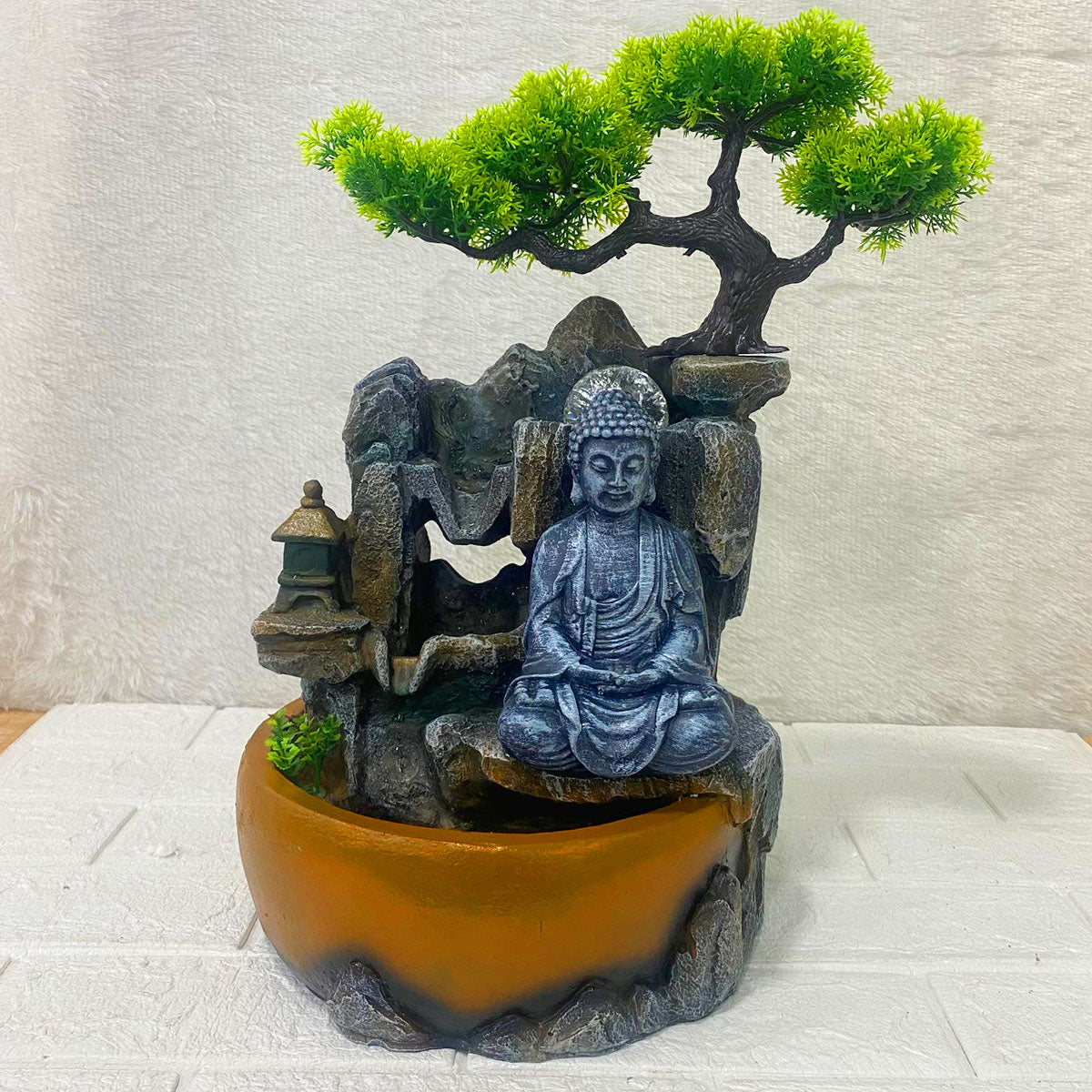 AM6256 Meditating Buddha Tabletop Water Fountain with Bonsai Tree