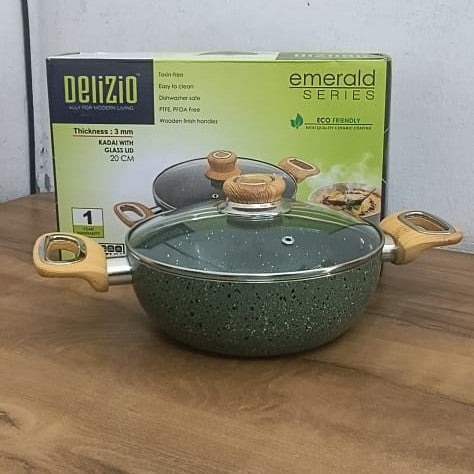 AM3929 Delizio Green Granite Coating Kadai with Glass Lid 20Cm