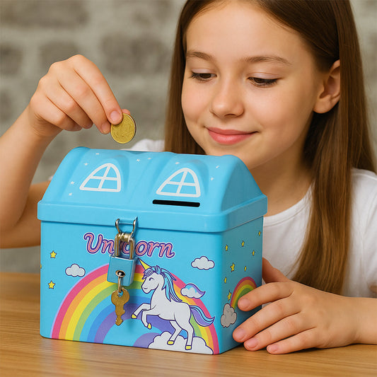 AM5906 Unicorn Hut Shape Piggy Bank for Kids (Multicolor) - Lock and Two Keys