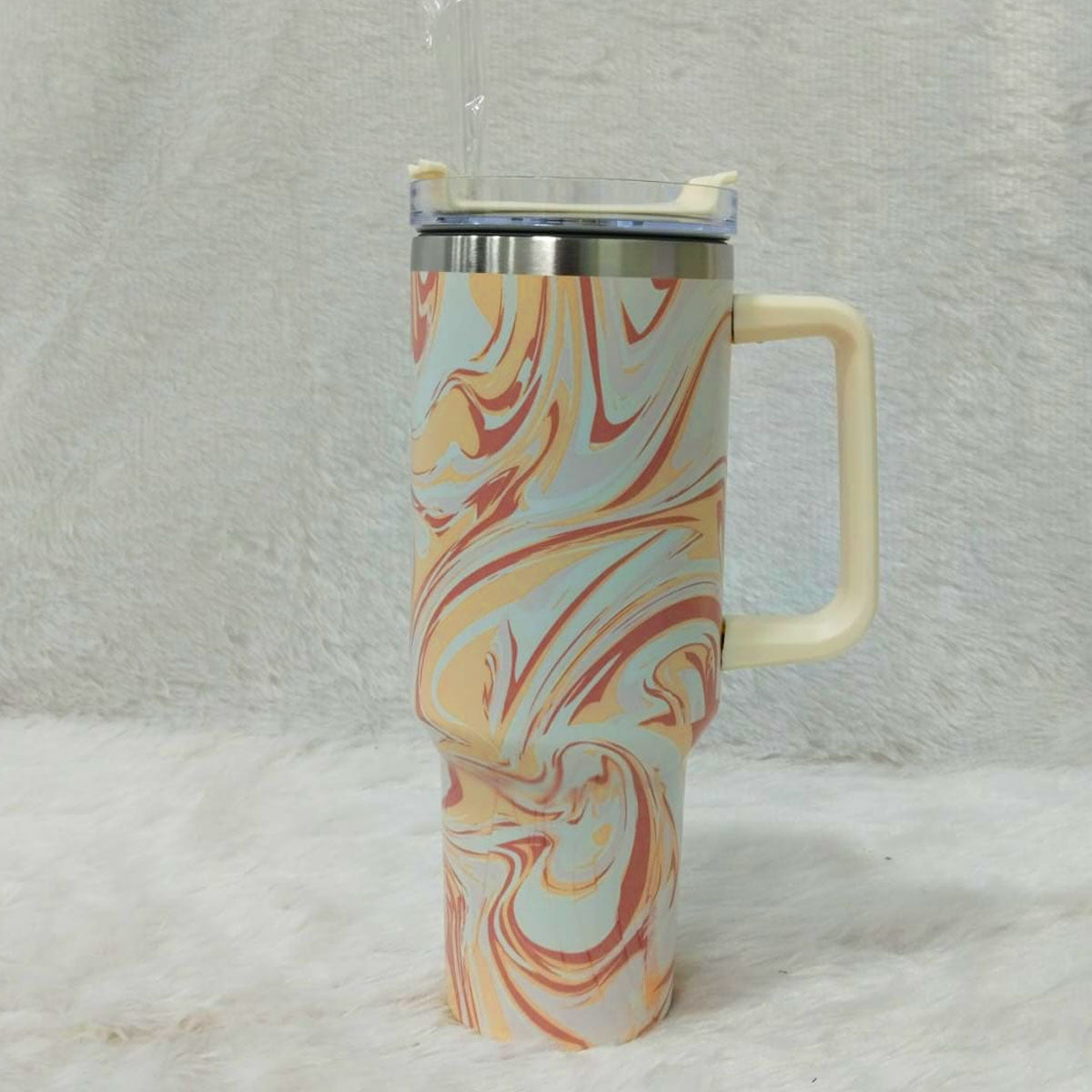AM6258 Marble Swirl Stainless Steel Tumbler with Handle, Lid & Straw