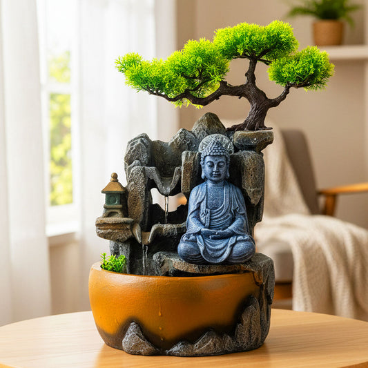 AM6256 Meditating Buddha Tabletop Water Fountain with Bonsai Tree