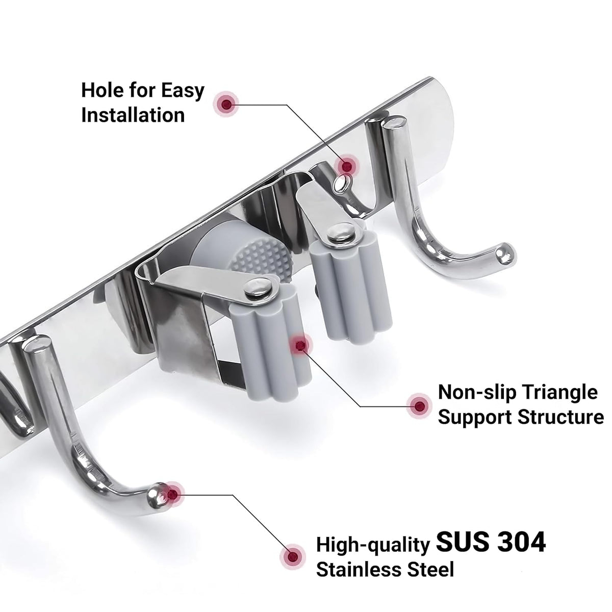 3049 Broom Mop Holder, Wall Mounted Heavy Duty Stainless Steel Storage Rack