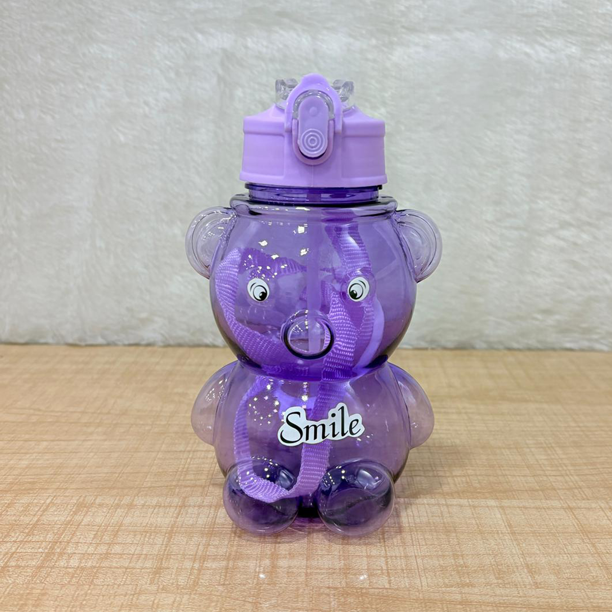 AM6665 Cute Teddy Bear Water Bottle with Straw and Adjustable Shoulder Strap - 1pc