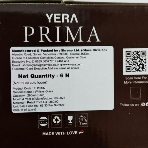AM5209 YERA Prima OAK Whisky Square Glass Set Of 6 Pcs - Each 295ml