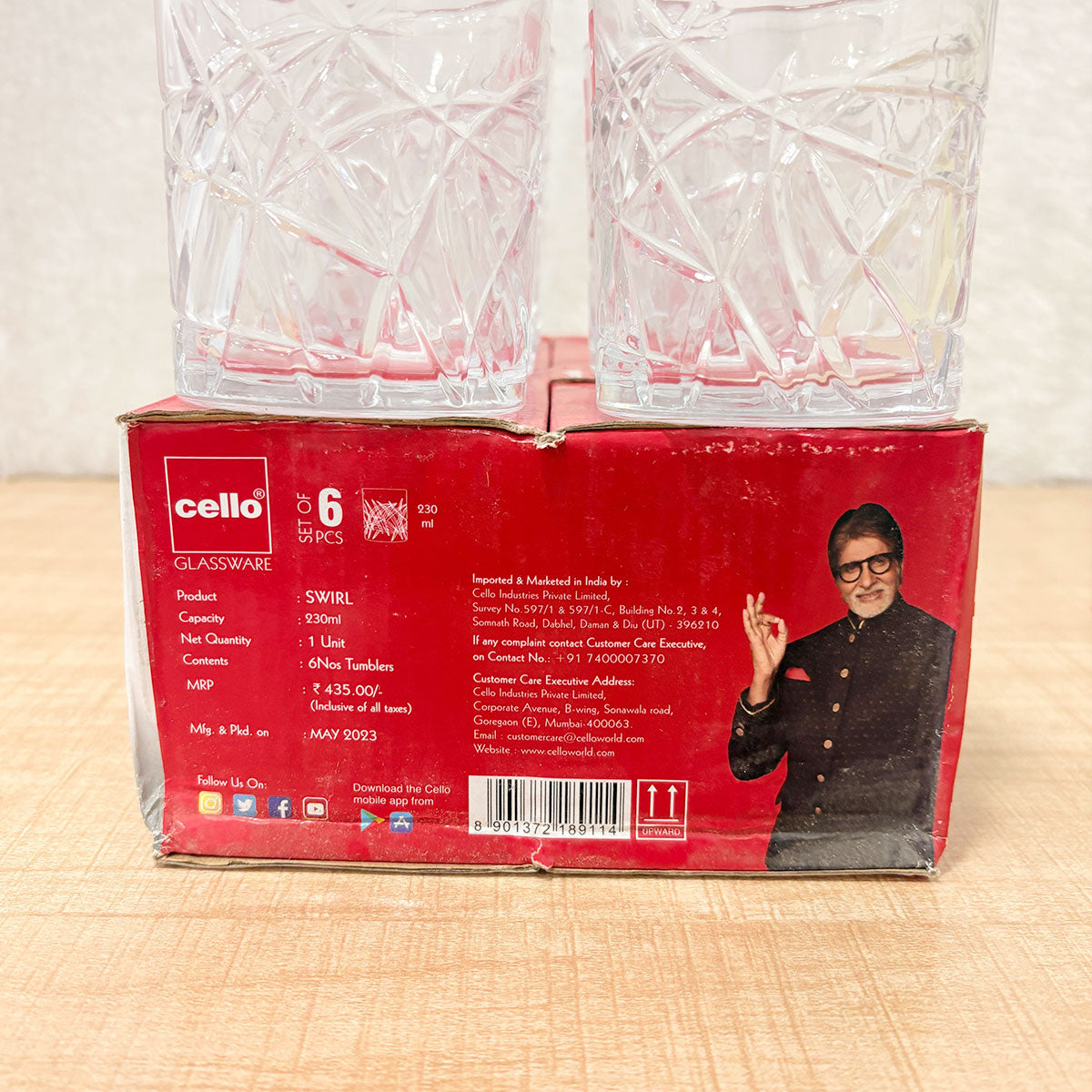 AM6594 Cello Swirl Glass Tumbler Set, 230ml (Set of 6)