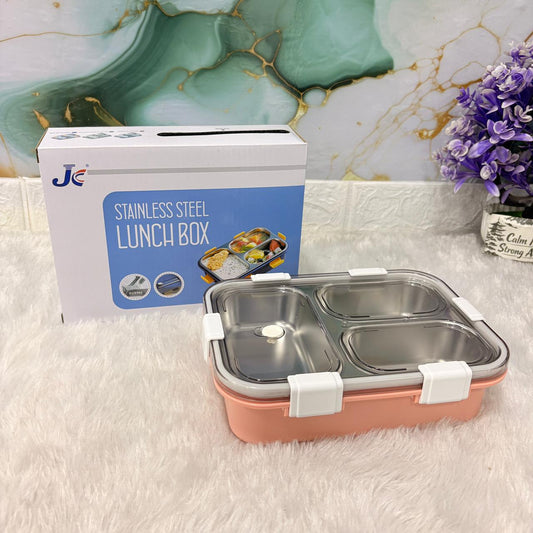 AM7373 JC Premium 3-Compartment Stainless Steel Leak-Proof Lunch Box (Peach/Pink)