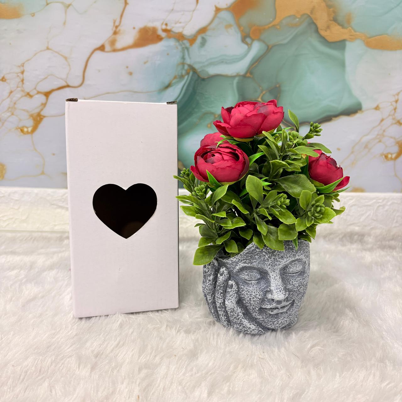 AM7451 Artificial Red Rose Plant in Meditating Face Decorative Resin Pot