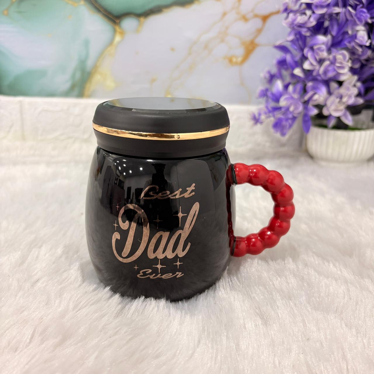 TM0303 Premium Black Ceramic "Best Dad Ever" Mug with Lid and Unique Beaded Handle