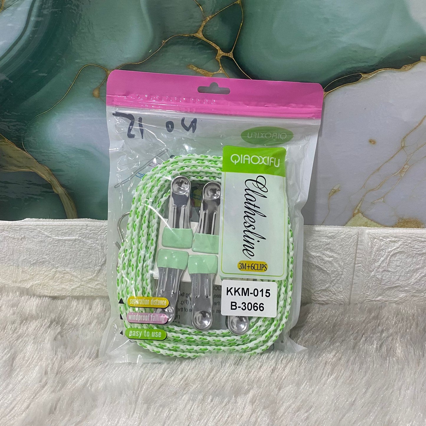AM7673 Portable 3 Meter Elastic Clothesline Rope with 6 Windproof Metal Clips for Outdoor Travel Camping
