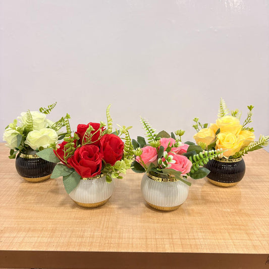 AM7770 Mini Artificial Rose Pot Set – Assorted Colors with Ceramic Vases (Pack Of 1)
