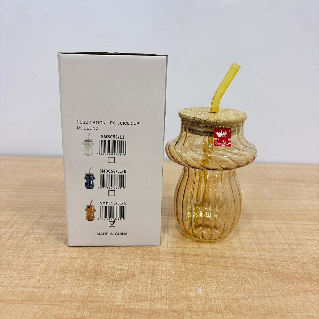 AM7781 AMBER RIDGED GLASS TUMBLER WITH NATURAL BAMBOO LID AND REUSABLE MATCHING GLASS STRAW