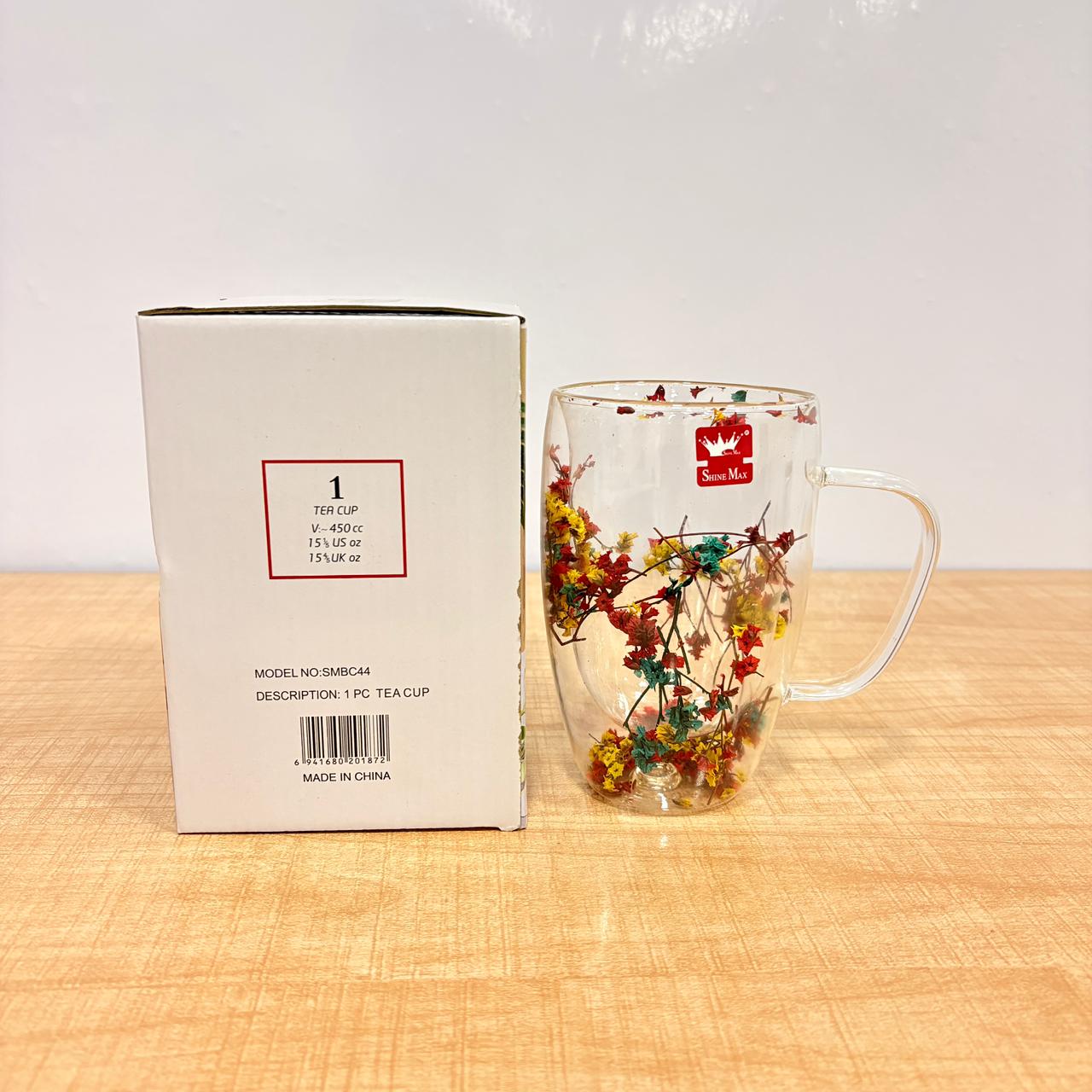 AM7788 SHINE MAX DOUBLE WALL GLASS MUG WITH DECORATIVE DRIED FLOWERS INSIDE FOR DRINKS