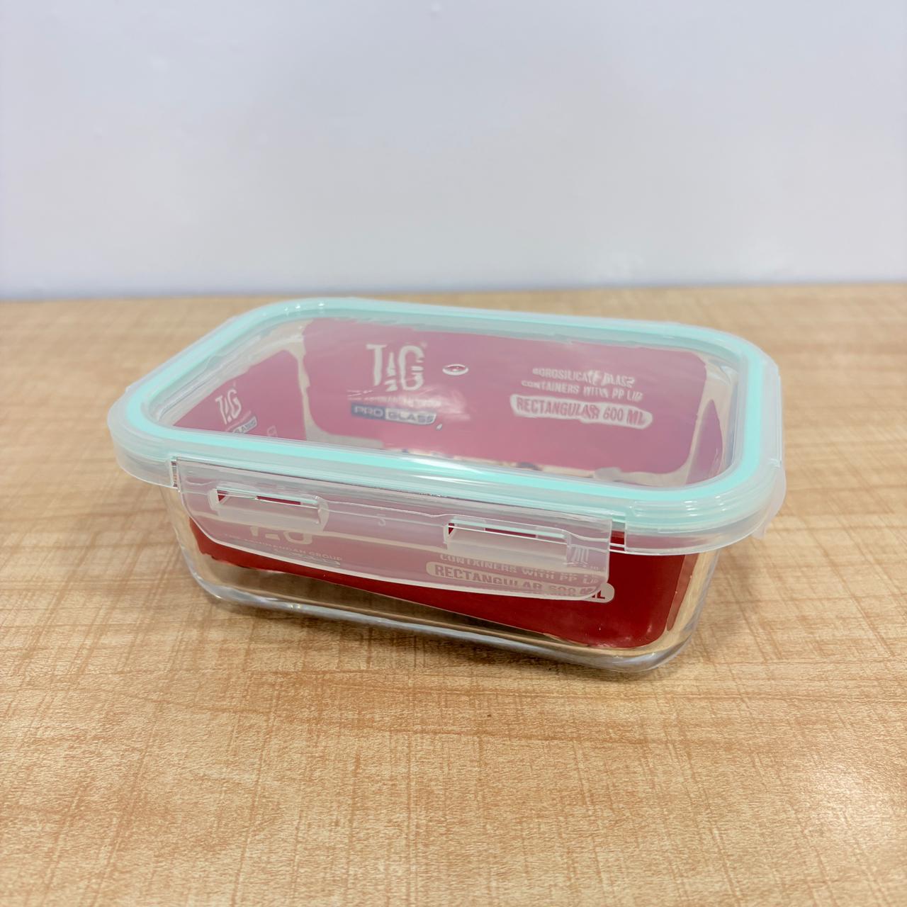 AM7799 TAG RECTANGULAR BOROSILICATE GLASS FOOD CONTAINER WITH AIRTIGHT SEALABLE LID 600ML CAPACITY