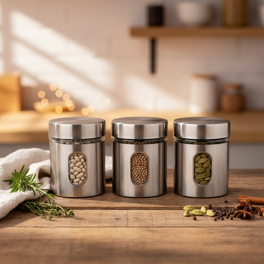 AM7804 TAG STAINLESS STEEL STORAGE JAR SET OF 3 FOR EFFICIENT KITCHEN PANTRY ORGANIZATION
