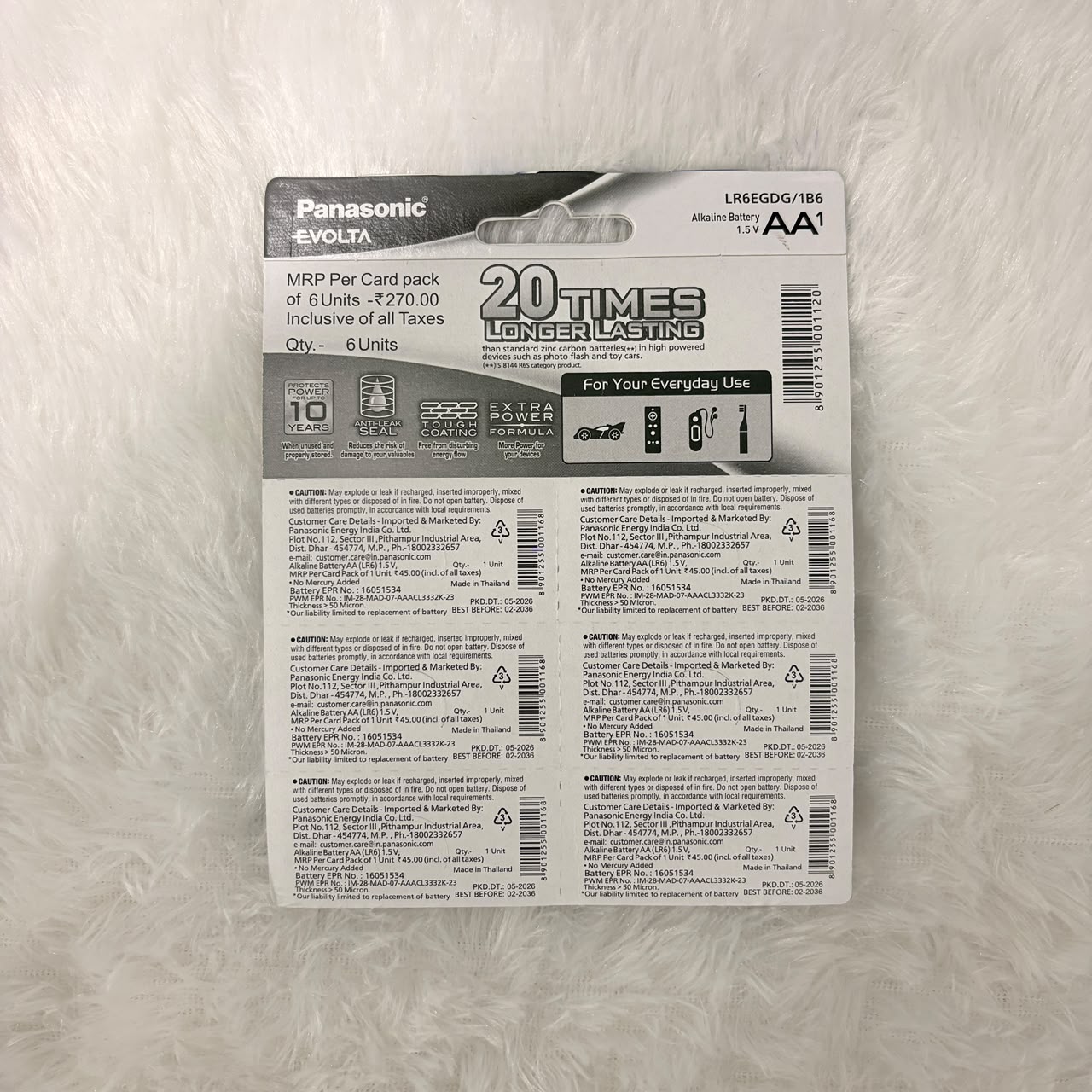 A06571 Panasonic Evolta AA Alkaline Batteries (1.5V, Pack of 1)