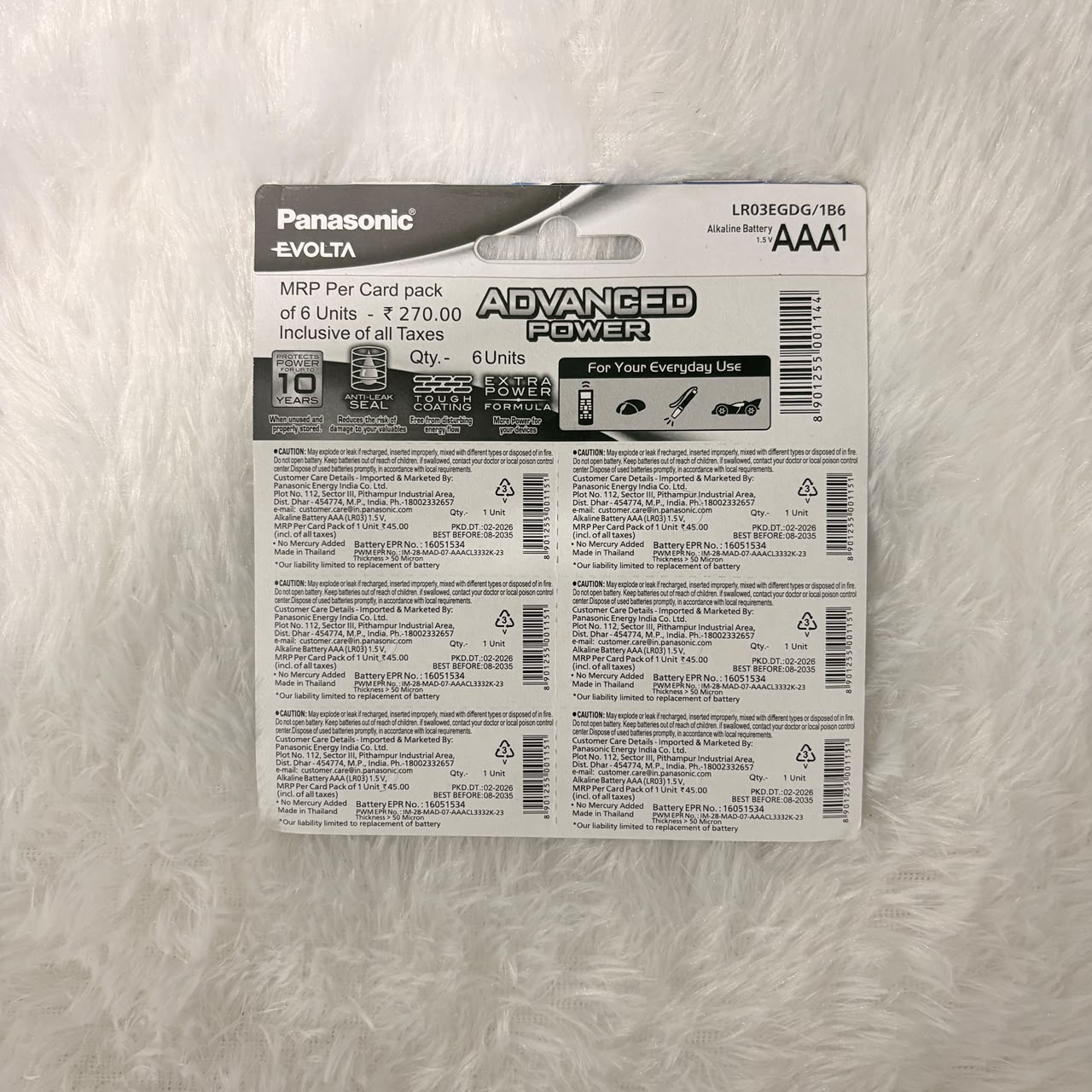 A06572 Panasonic Evolta AAA Alkaline Batteries (1.5V, Pack of 1)