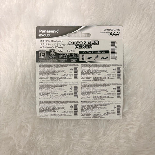 A06572 Panasonic Evolta AAA Alkaline Batteries (1.5V, Pack of 1)