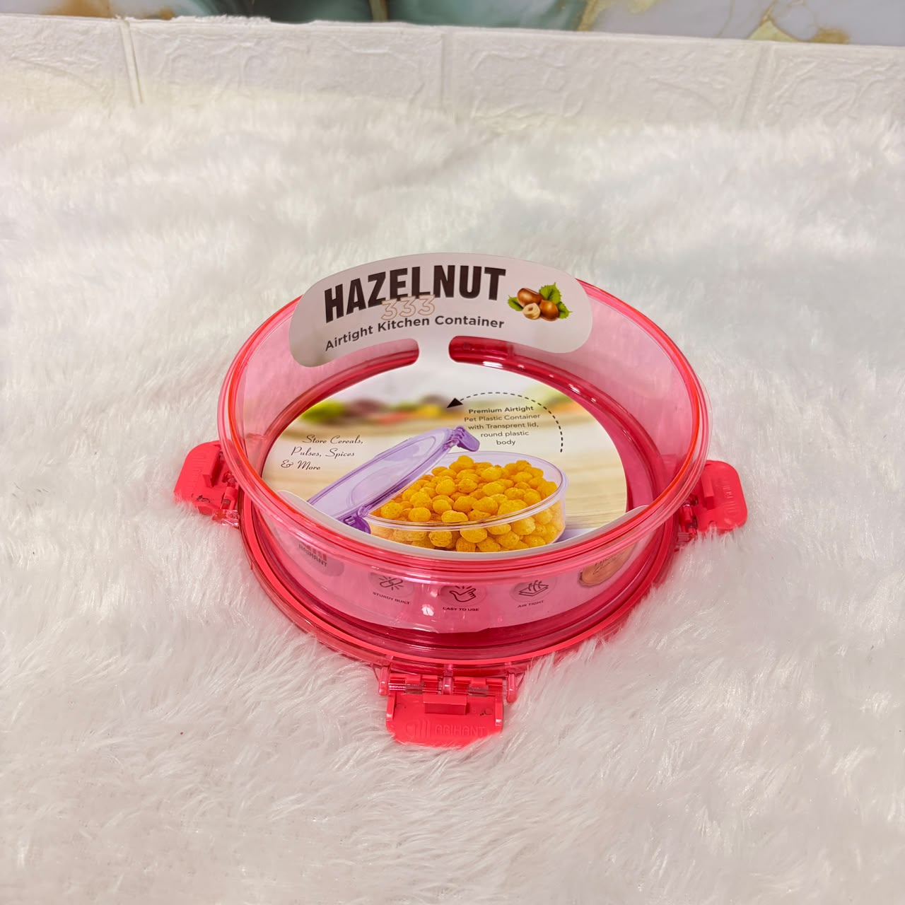 A06642 HAZELNUT 333 Round Airtight PET Plastic Kitchen Container with 4-Side Lock Lid