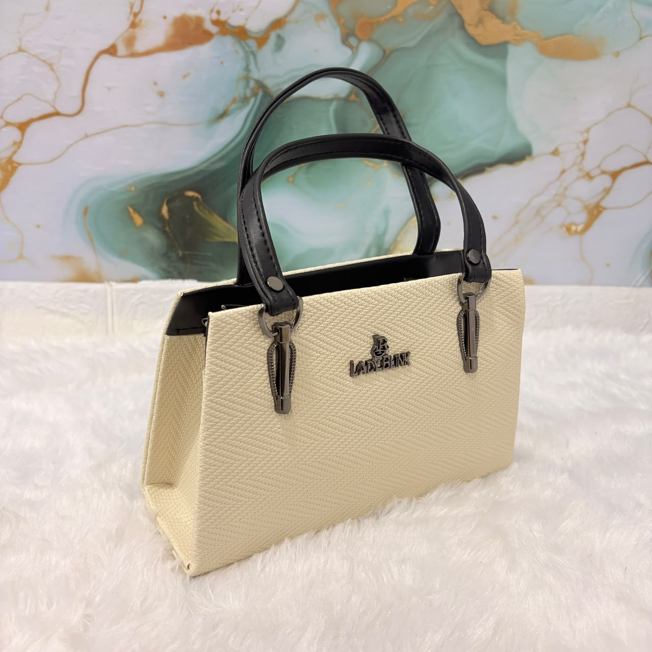 A06690 LADY BLINK Textured Cream & Black Dual-Tone Handbag with Adjustable Sling Strap