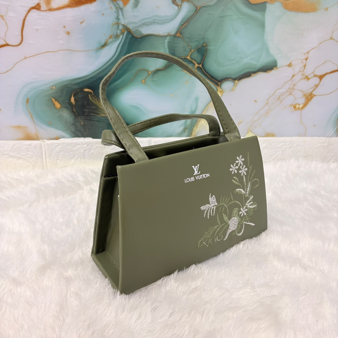 A06691 Women's Olive Green Floral Embroidered Handbag with Detachable Shoulder Strap