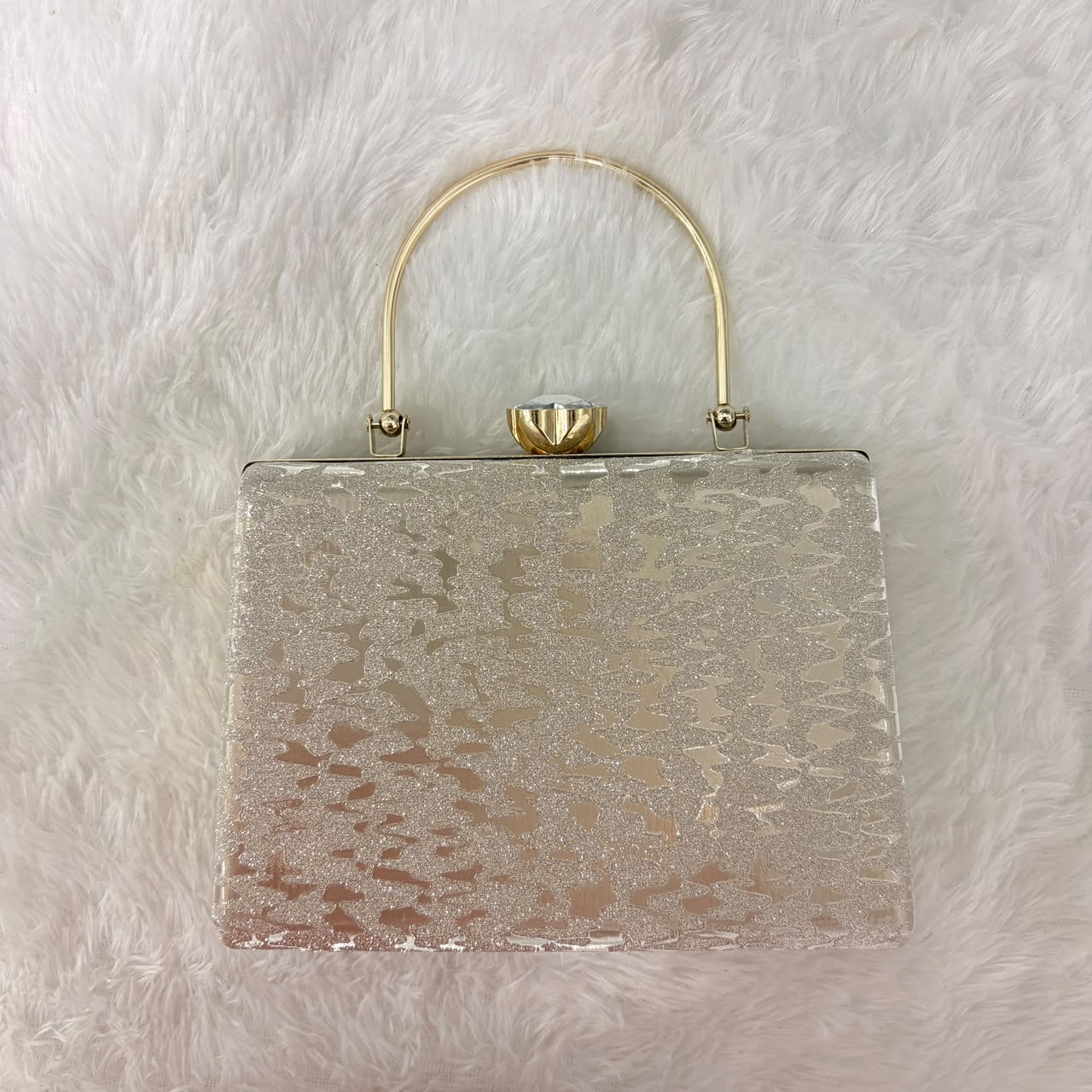A06700 Shiny Glitter Shimmer Box Clutch Bag with Gold Ring Handle & Crystal Closure