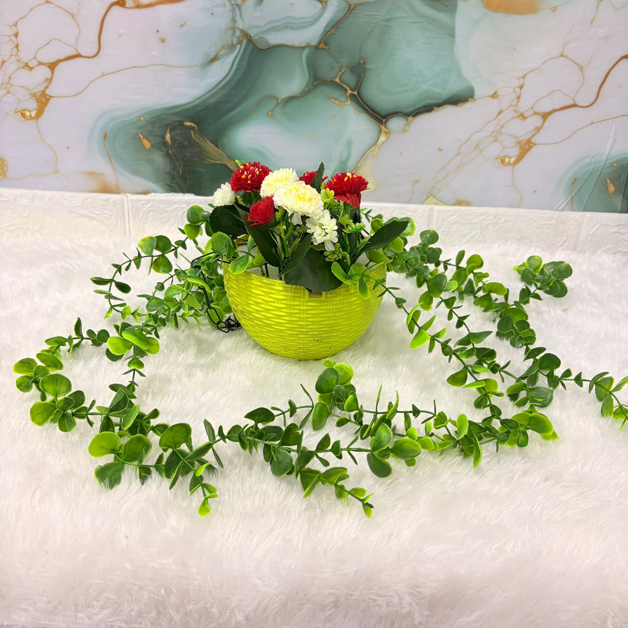 A06689 Artificial Hanging Plant Basket with Trails & Flowers for Home & Garden Decor