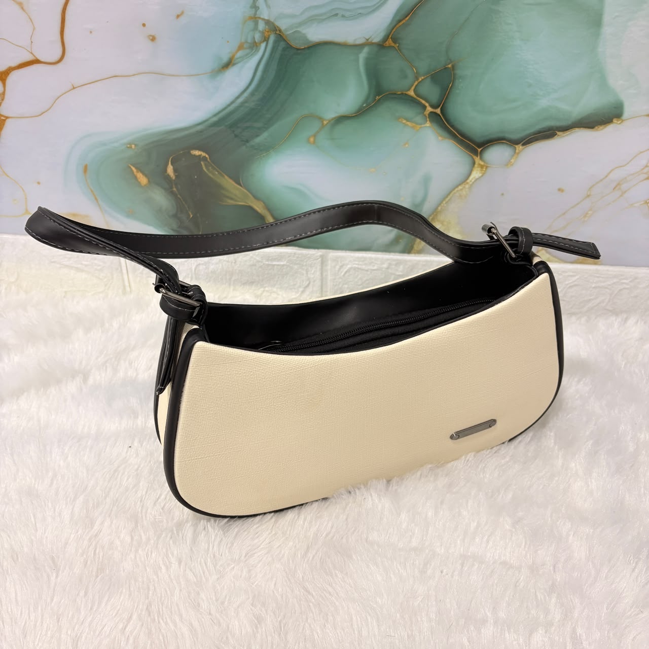 A06702 Elegant Dual-Tone Canvas & Faux Leather Crescent Shoulder Bag for Women