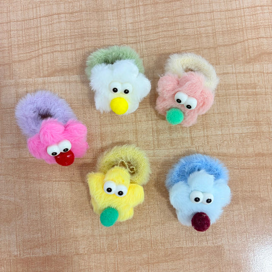 A06707 Cute Fur Teddy Googly-Eye Flower Hair Scrunchies for Kids & Girls