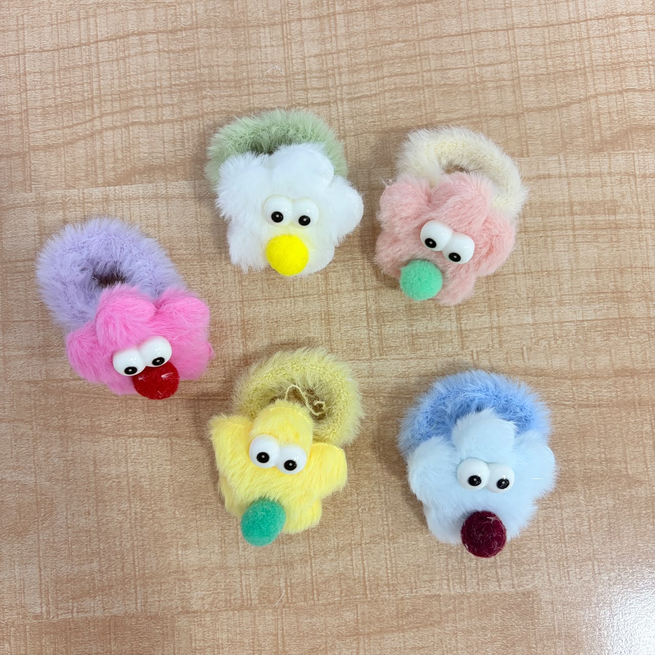 A06707 Cute Fur Teddy Googly-Eye Flower Hair Scrunchies for Kids & Girls