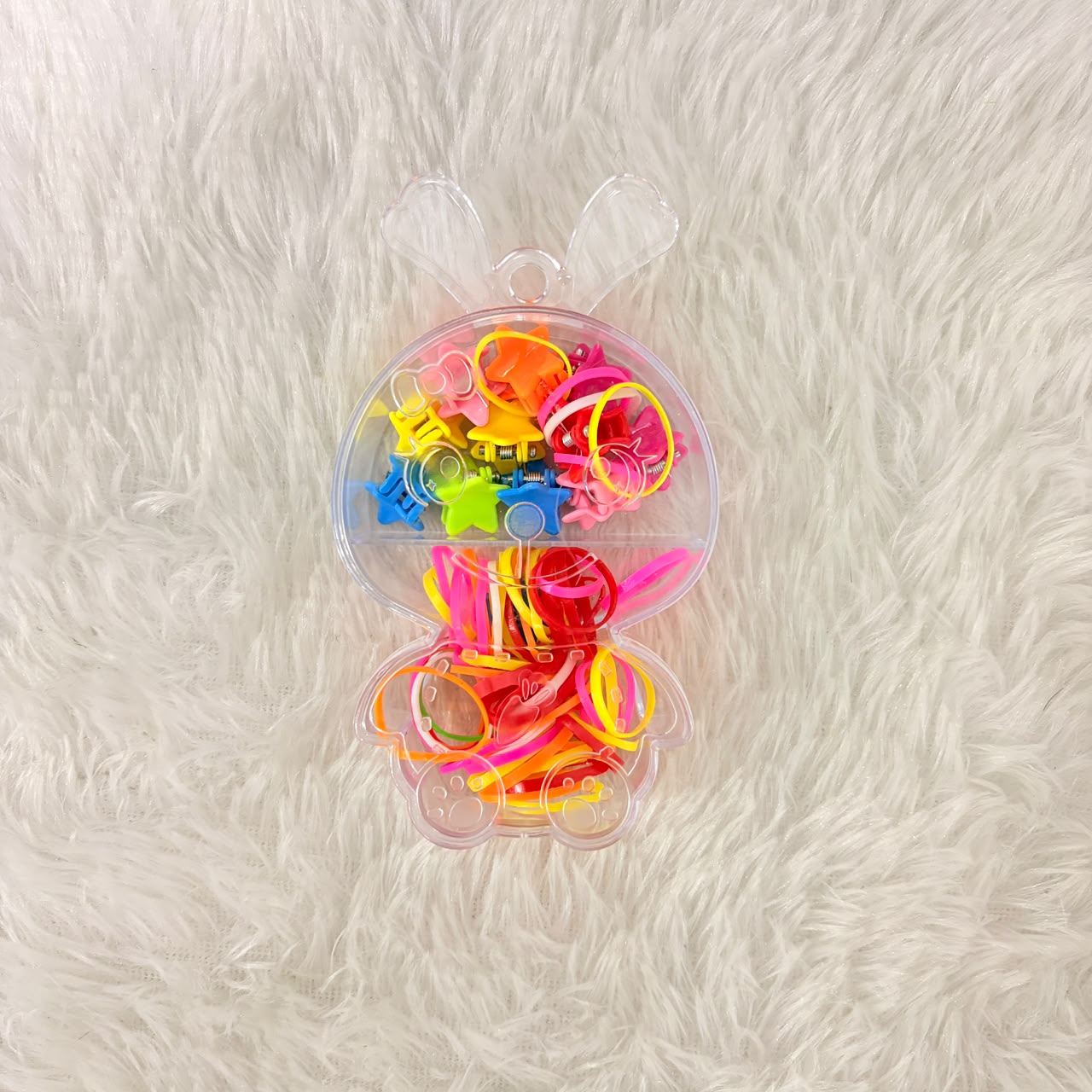 A06754 Cute Rabbit Box Hair Accessory Set for Kids – Mini Claw Clips & Elastic Bands