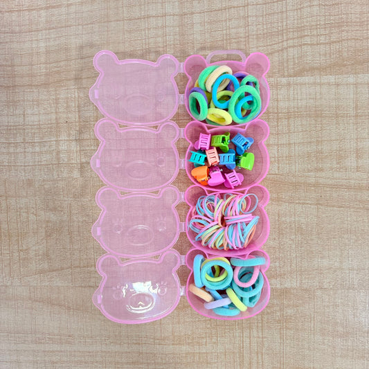 A06755 Multicolor Kids Hair Accessory Set in Bear-Shaped Storage Box – Hair Bands, Mini Claw Clips & Elastic Bands