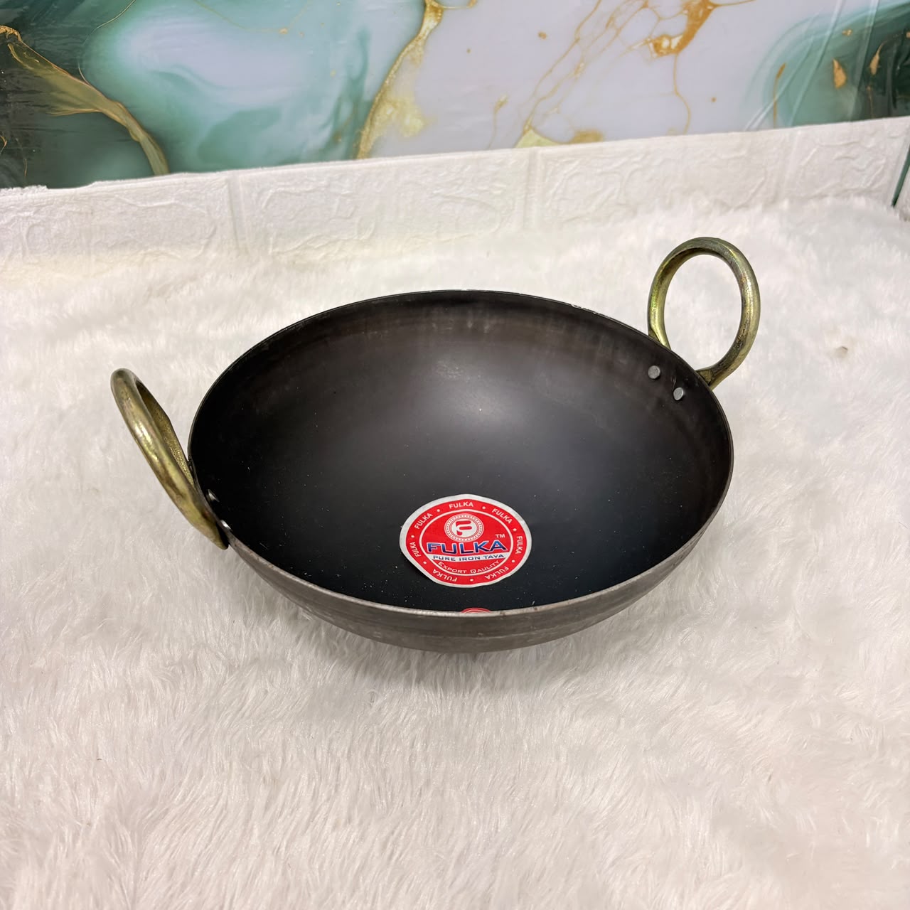 A06776 FULKA Pure Iron Heavy-Duty Kadai with Brass Handles – Size 9