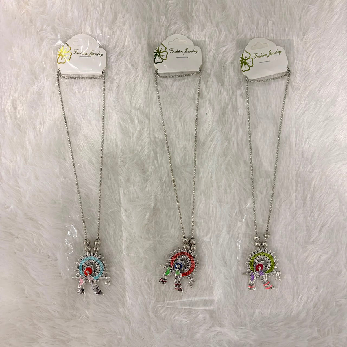 A06911 Ethnic Silver-Plated Oxidized Radha Krishna Flute Pendant Chain Necklace Set for Women & Girls