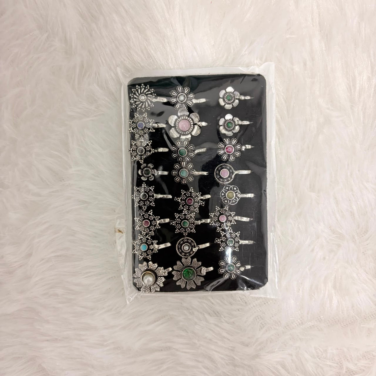 A06926 Traditional Silver Oxidized Floral Nose Pin with Multicolor Stones