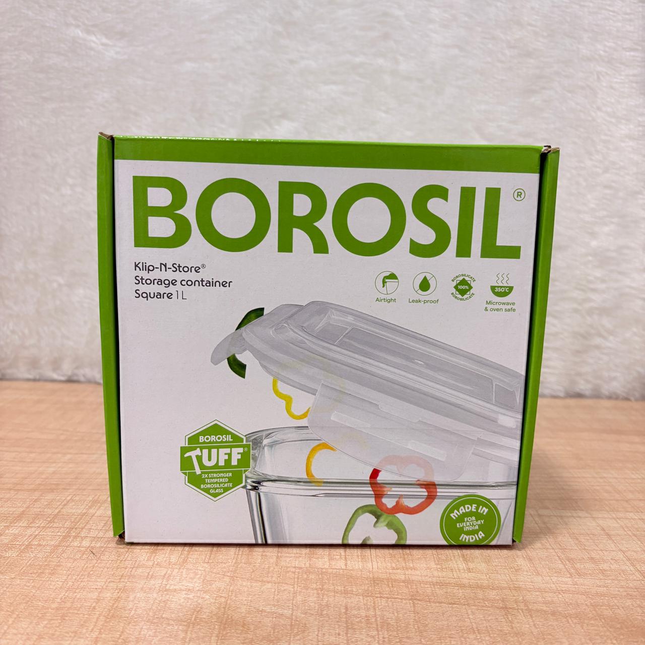 AM6195 Borosil Klip N Store Square Glass Container - 1 Ltr with Air Tight Lid