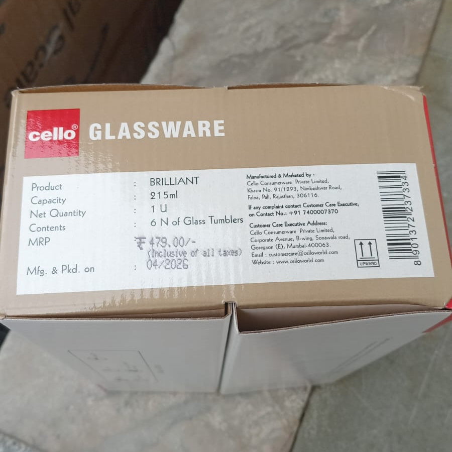 AM6601 Cello Brilliant K-Series Glass Tumbler Set, 215ml (Set of 6)