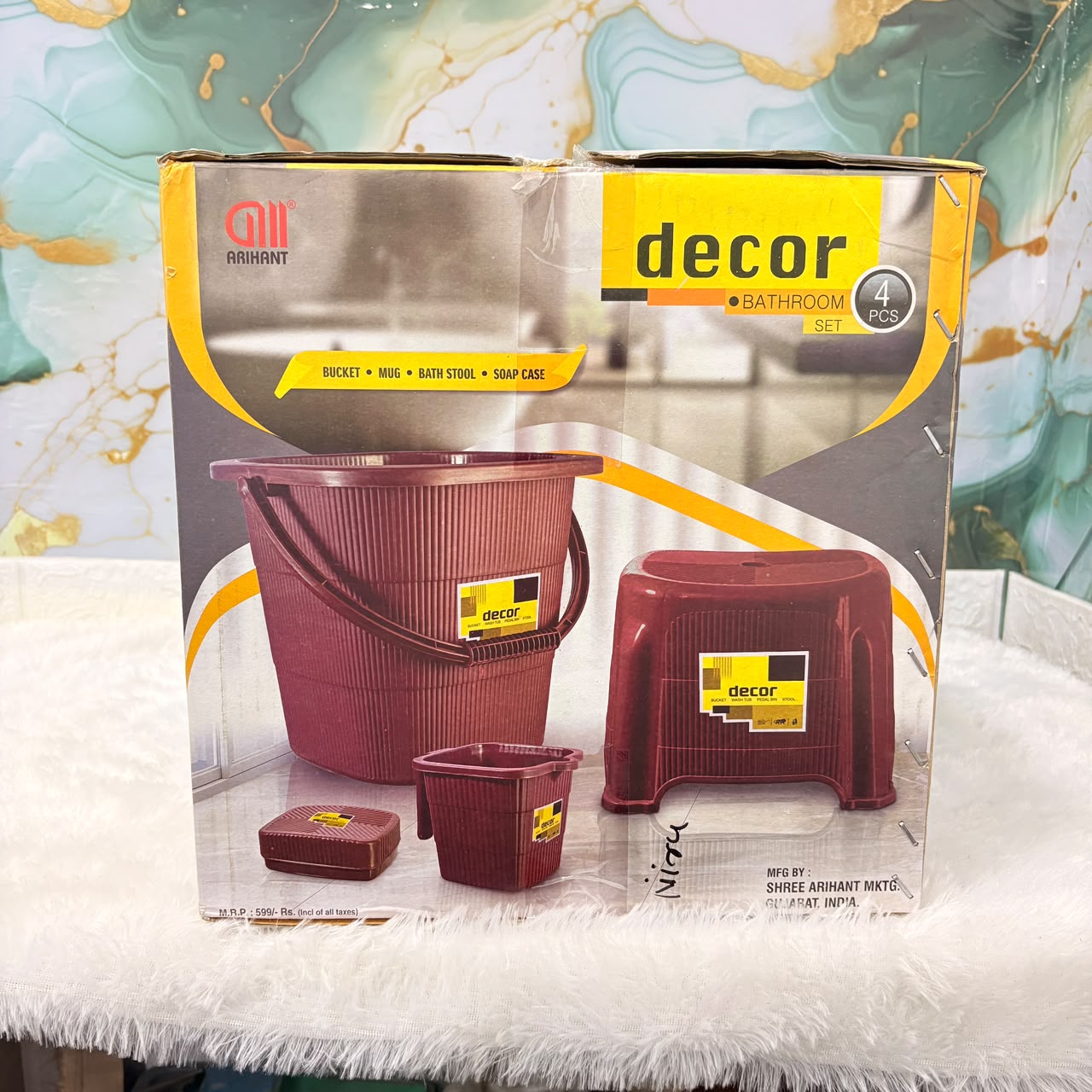 3129 Decor Plastic Bathroom Set 4pcs with Plastic Bucket ,Small Mug ,Bath Stool ,Soap case