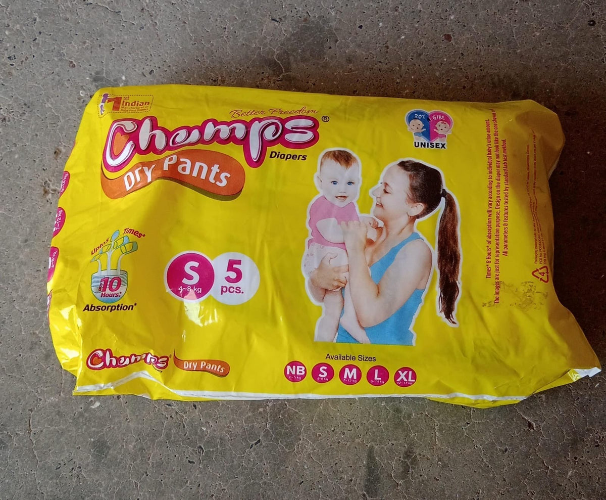 0968 Small Champs Dry Pants Style Diaper- Small Best for Travel Absorption, Champs Baby Diapers, Champs Soft and Dry Baby Diaper Pants (S5 Pcs )