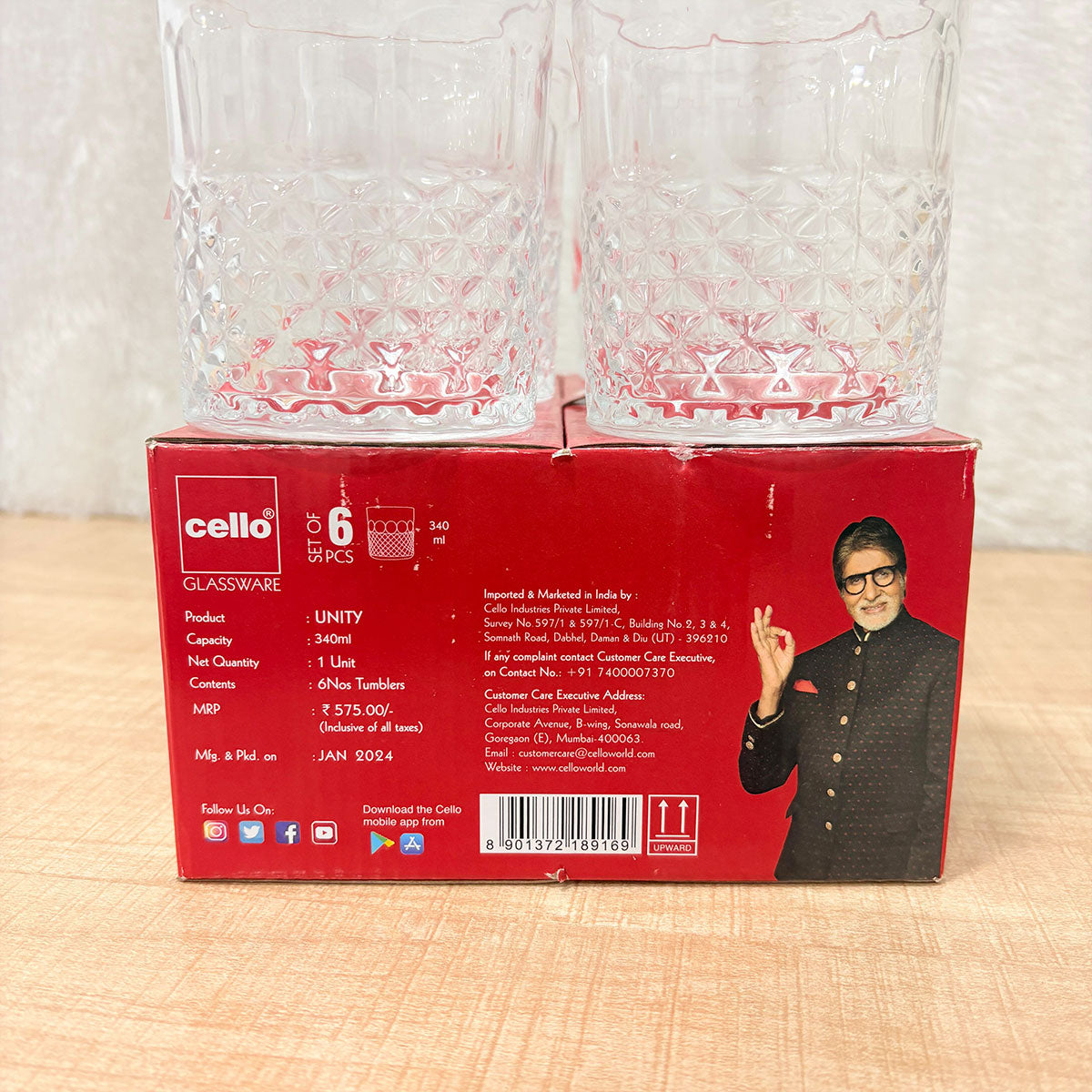 AM6595 Cello Unity Glass Tumblers – 340ml, Set of 6