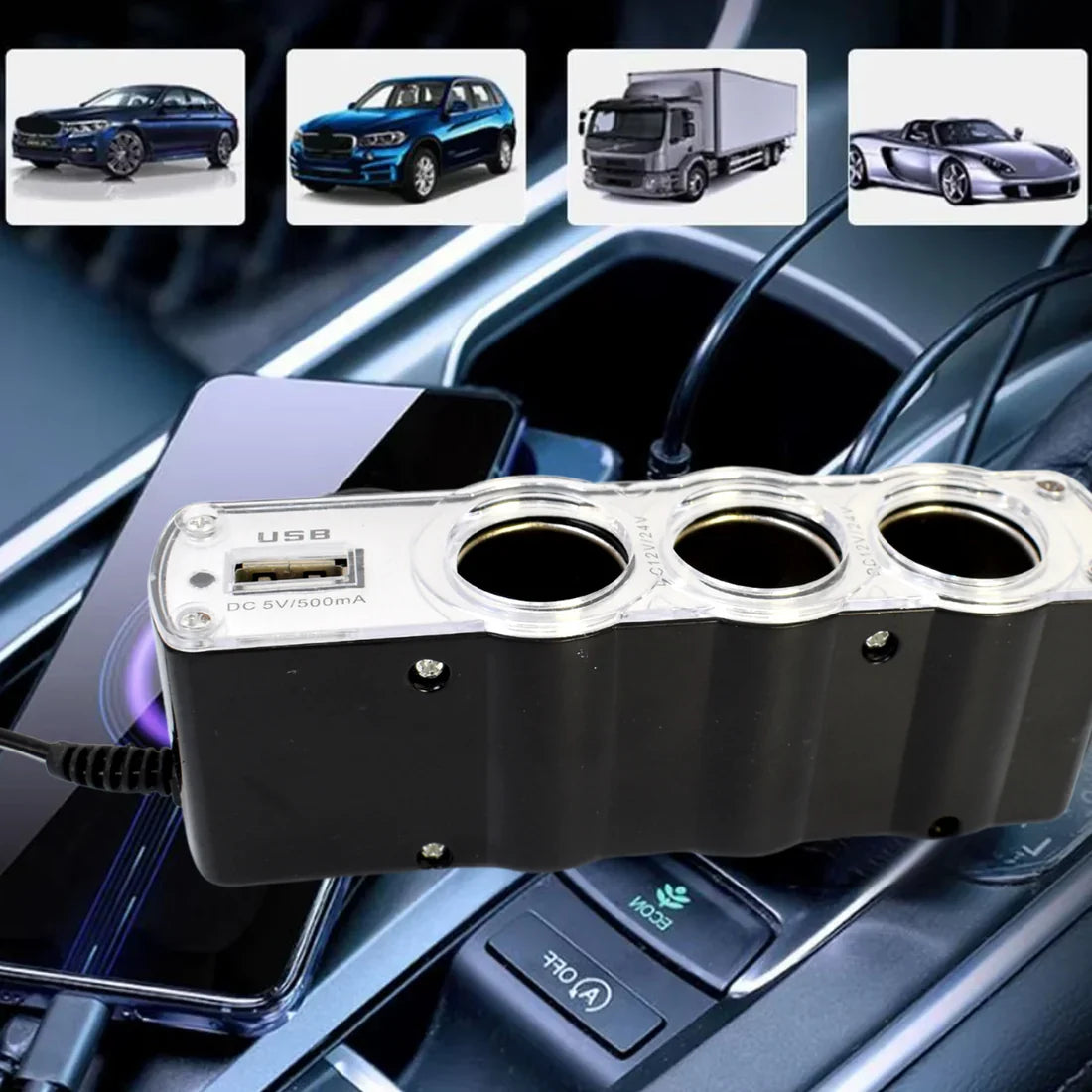 15104 Triple 3 Way Car 12v Lighter Socket Splitter USB Charger Power Adapter