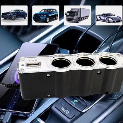 15104 Triple 3 Way Car 12v Lighter Socket Splitter USB Charger Power Adapter