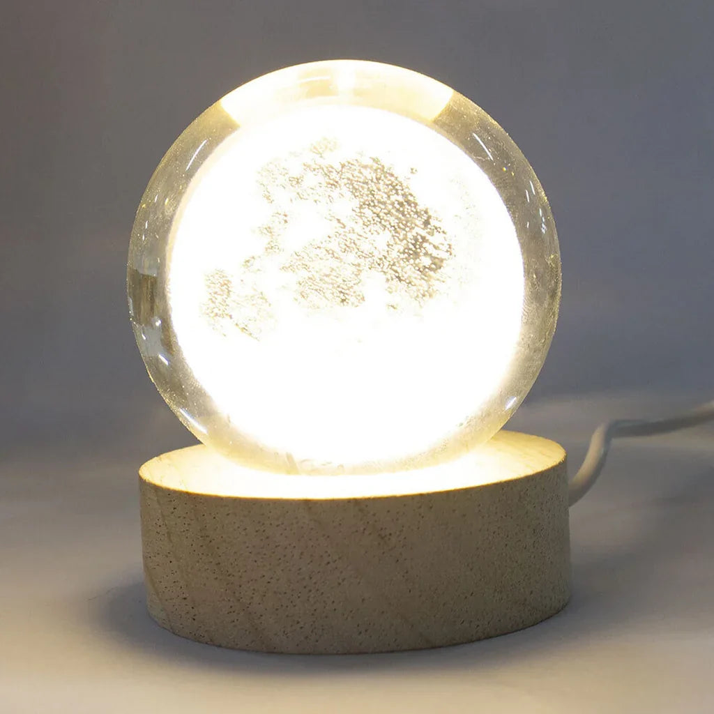 AM5358 3D Crystal Ball Night Lamp,Creative Engraved Crystal Ball Night Light, USB Table LED Wooden Crystal Ball for Home Decoration , Boys, Girls (Moon)