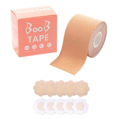 AM7310 Boob Tape with 10 Pairs Nipple Cover Cotton Wide Thin Breast Tape - Women's & Girl's Breast Lift Booby Tape - Push Up & Lifting Tape - Suitable for All Breast Types - Breast Lift Bra Tape - Bob Tape for Natural Breast Lift (1 Pc 5 Meters)