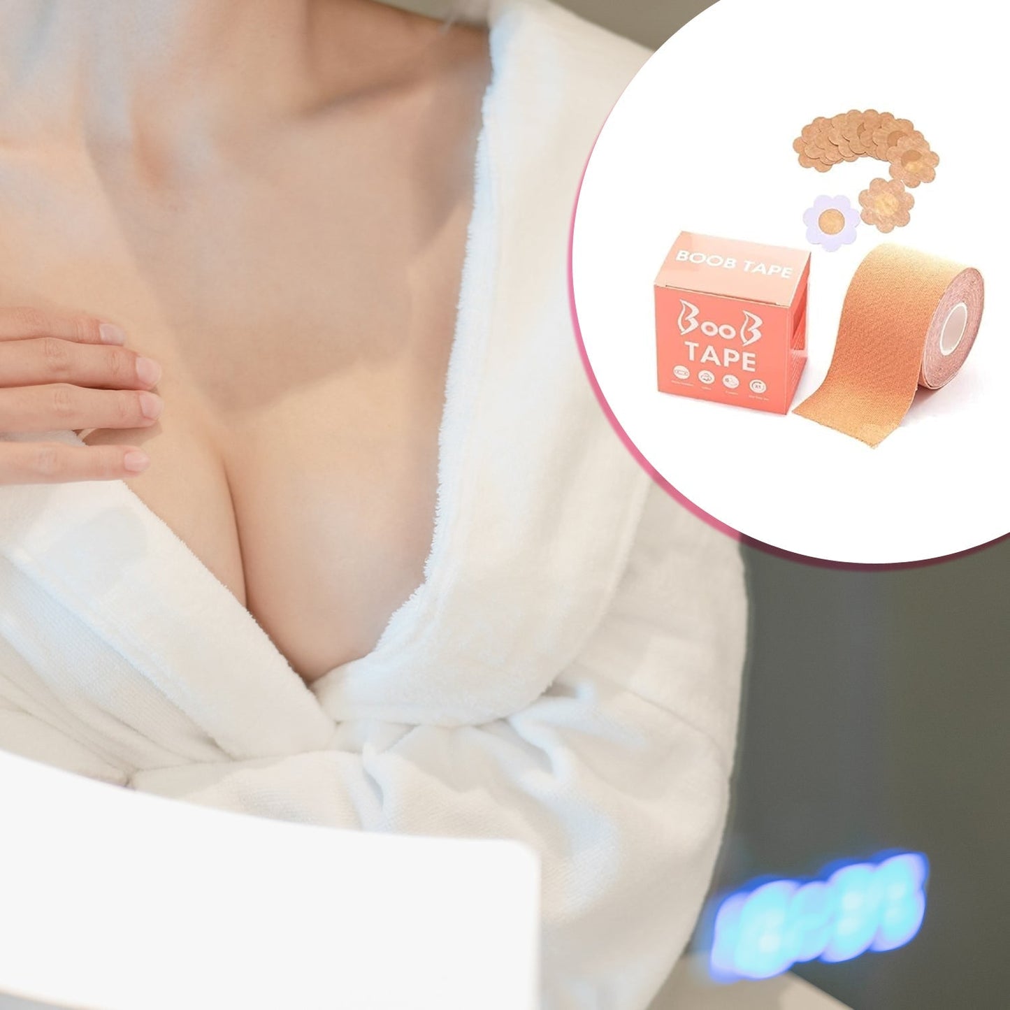 AM7310 Boob Tape with 10 Pairs Nipple Cover Cotton Wide Thin Breast Tape - Women's & Girl's Breast Lift Booby Tape - Push Up & Lifting Tape - Suitable for All Breast Types - Breast Lift Bra Tape - Bob Tape for Natural Breast Lift (1 Pc 5 Meters)