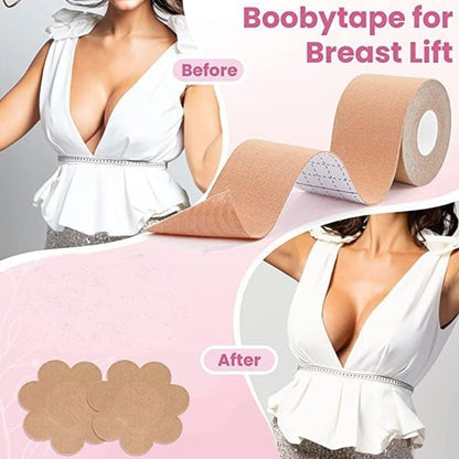 AM7310 Boob Tape with 10 Pairs Nipple Cover Cotton Wide Thin Breast Tape - Women's & Girl's Breast Lift Booby Tape - Push Up & Lifting Tape - Suitable for All Breast Types - Breast Lift Bra Tape - Bob Tape for Natural Breast Lift (1 Pc 5 Meters)