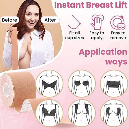 AM7310 Boob Tape with 10 Pairs Nipple Cover Cotton Wide Thin Breast Tape - Women's & Girl's Breast Lift Booby Tape - Push Up & Lifting Tape - Suitable for All Breast Types - Breast Lift Bra Tape - Bob Tape for Natural Breast Lift (1 Pc 5 Meters)