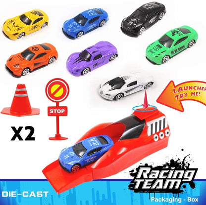 A06488 Racing Team 7-Piece Die-Cast Metal Car Set with Mega Launcher
