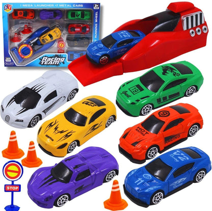 A06488 Racing Team 7-Piece Die-Cast Metal Car Set with Mega Launcher